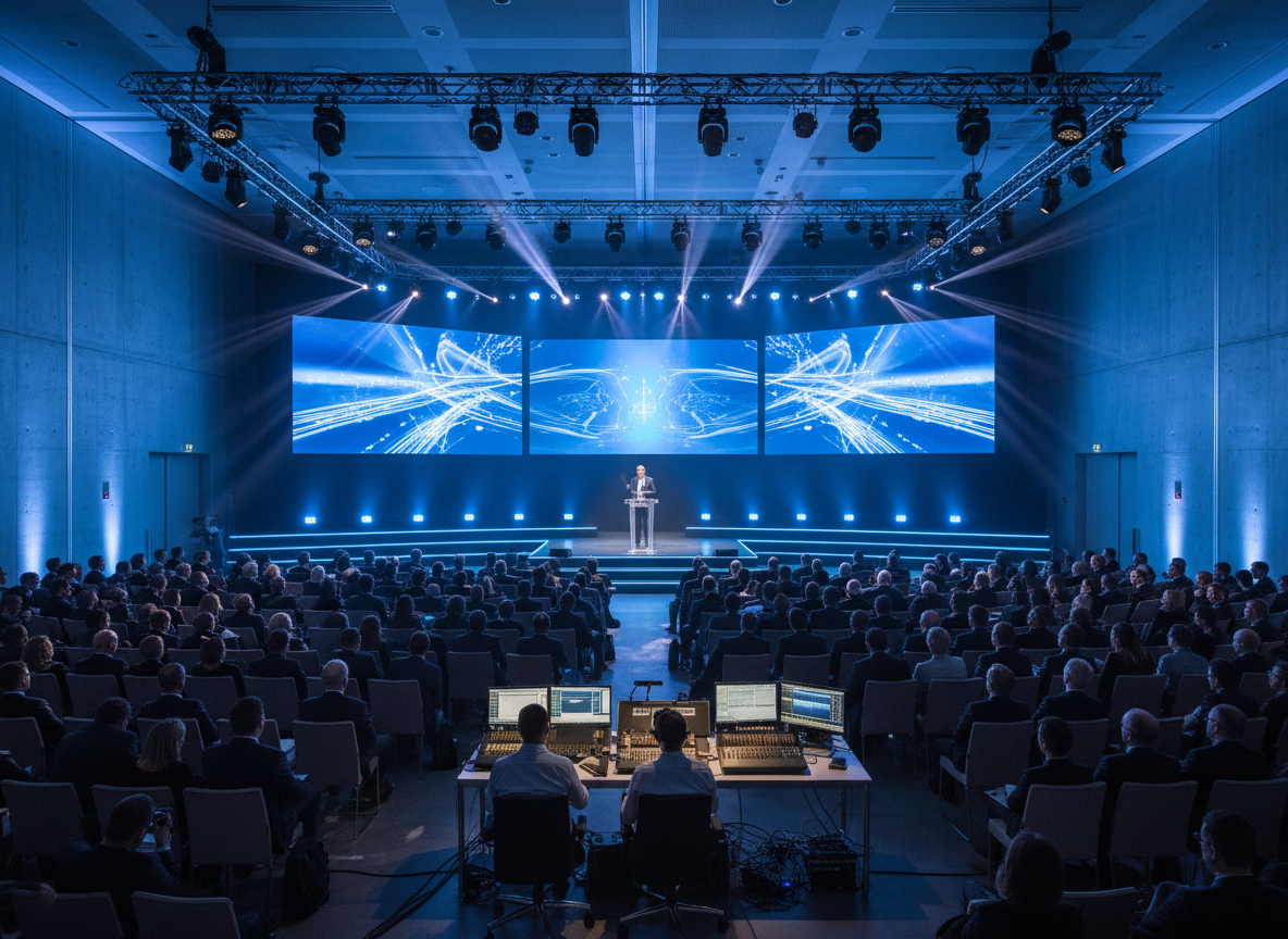 Corporate event with large projection screens and AV production