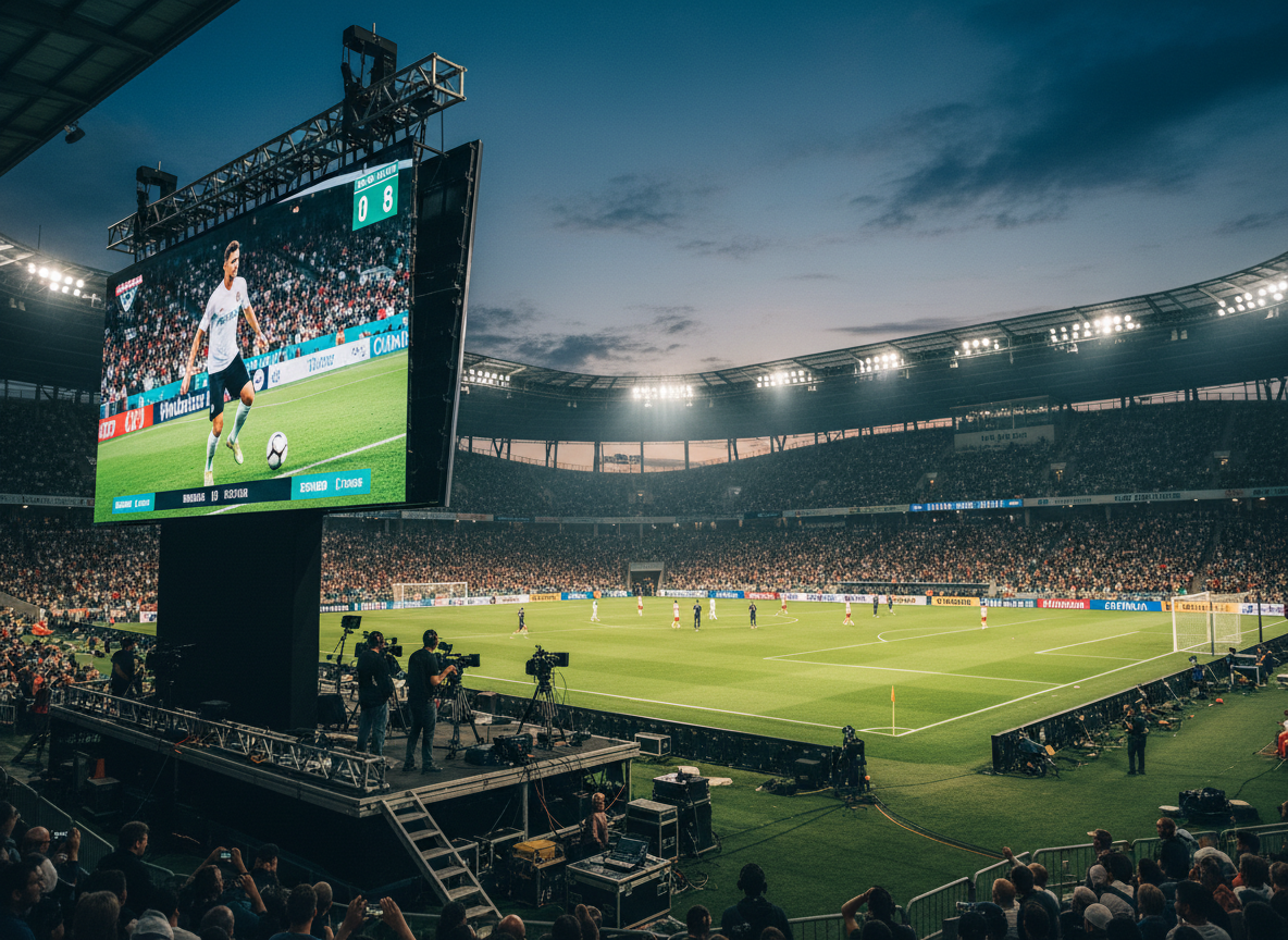 A professional live event video production scene at an outdoor soccer game. Wide angle shot showing a large LED Jumbotron screen displaying the live game feed, with the soccer field visible in the background. Stadium lights, crowd in the stands, cinematic feel, evening atmosphere.